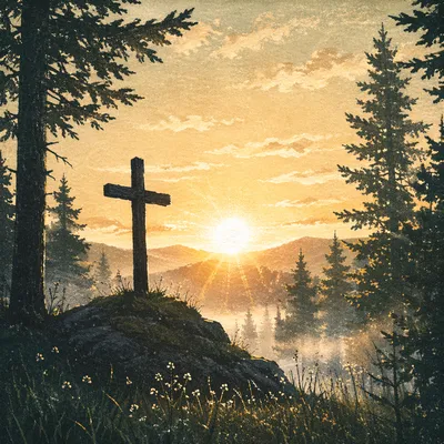 Wooden Cross Silhouette at Evergreen Sunrise