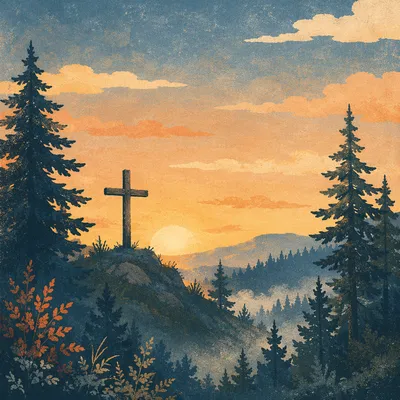 Wooden Cross Silhouette on Evergreen Sunrise Ridge