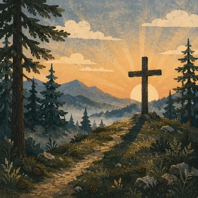Wooden Cross Silhouette on Evergreen Sunrise Ridge