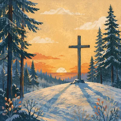 Wooden Cross Silhouette at Evergreen Sunrise