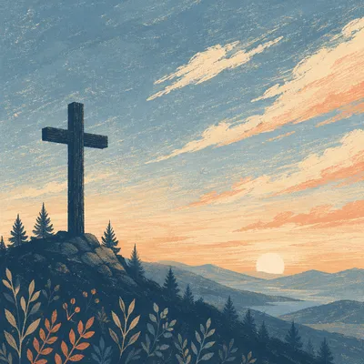 Wooden Cross Silhouette at Evergreen Sunrise