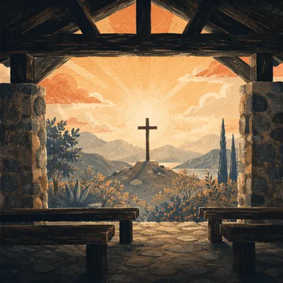 Wooden Cross Silhouette at Mountain Sunrise
