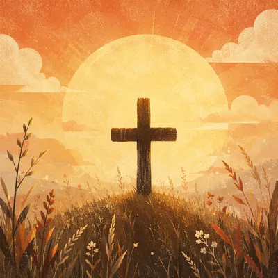 Wooden Cross Silhouette at Sunrise Meadow