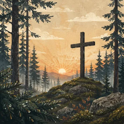 Wooden Cross Silhouette at Evergreen Sunrise