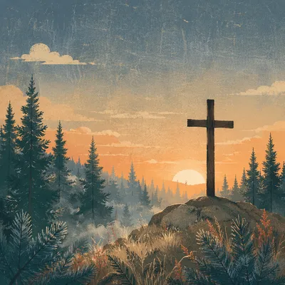 Wooden Cross Silhouette at Evergreen Sunrise