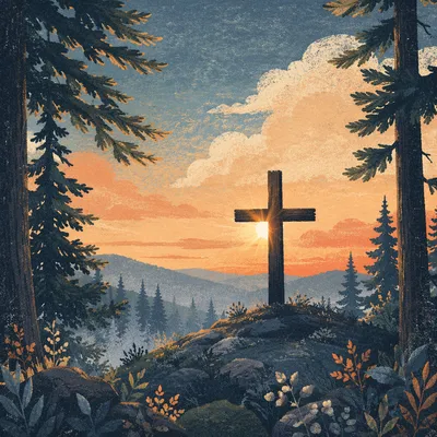 Wooden Cross Silhouette at Evergreen Sunrise
