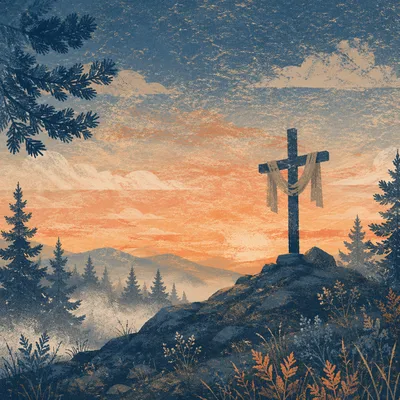 Wooden Cross at Evergreen Sunrise