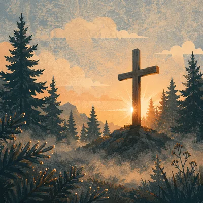 Wooden Cross at Evergreen Sunrise