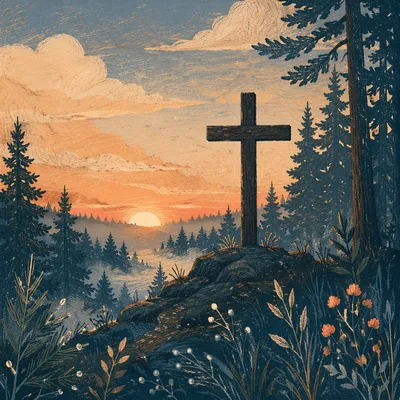 Wooden Cross Silhouette at Evergreen Sunrise