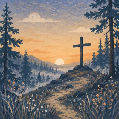 Wooden Cross at Evergreen Sunrise