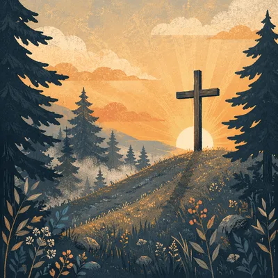 Wooden Cross at Evergreen Sunrise