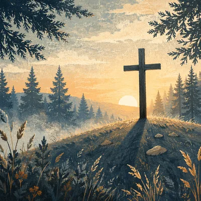 Wooden Cross at Evergreen Sunrise