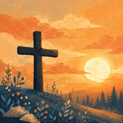 Wooden Cross Silhouette at Evergreen Sunrise