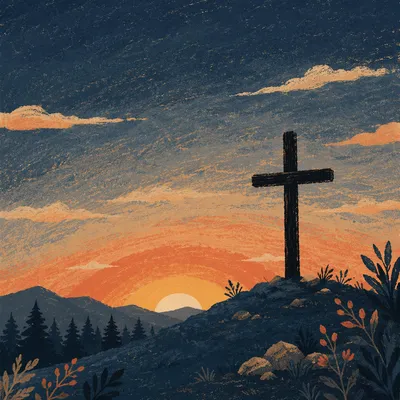 Wooden Cross Silhouette at Evergreen Sunrise