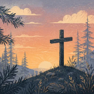 Wooden Cross Silhouette at Evergreen Sunrise