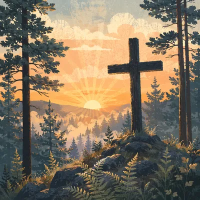 Wooden Cross Silhouette at Evergreen Sunrise