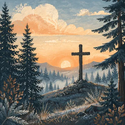 Wooden Cross Silhouette at Evergreen Sunrise