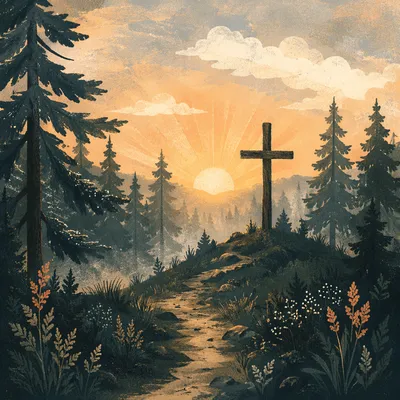 Wooden Cross Silhouette at Evergreen Sunrise