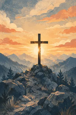 Wooden Cross Sunrise Mountain Silhouette