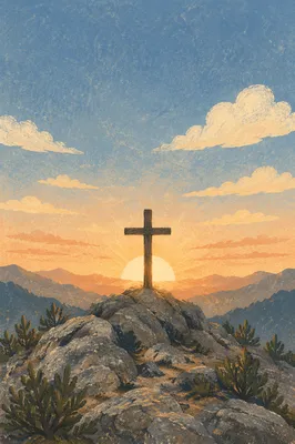 Wooden Cross Silhouette at Mountain Sunrise