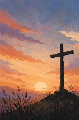 Wooden Cross Silhouette at Peaceful Sunrise