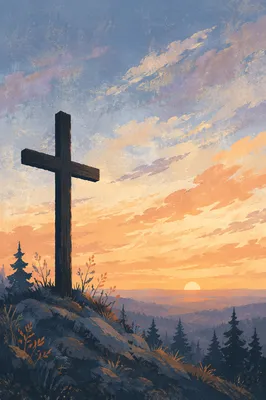 Wooden Cross Silhouette at Evergreen Sunrise