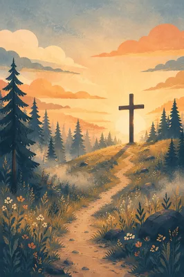 Wooden Cross at Evergreen Sunrise