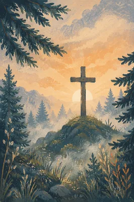 Wooden Cross at Evergreen Sunrise