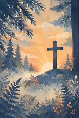 Wooden Cross Silhouette at Evergreen Sunrise
