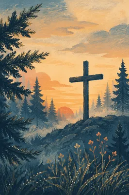 Wooden Cross at Evergreen Sunrise