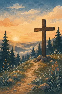 Wooden Cross at Evergreen Sunrise