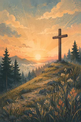 Wooden Cross Sunrise Among Evergreen Pines