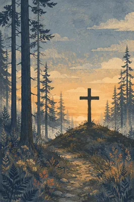 Wooden Cross at Evergreen Sunrise