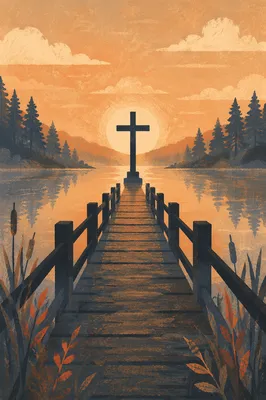 Wooden Cross Sunrise Over Misty Evergreen Lake