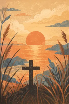 Rustic Wooden Cross at Lakeside Sunrise