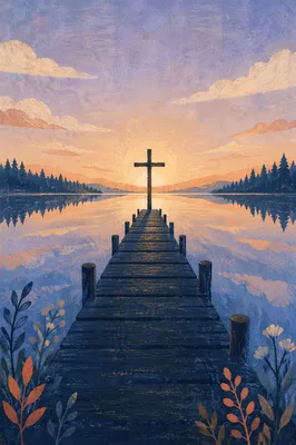 Wooden Cross Sunrise Over Calm Evergreen Lake