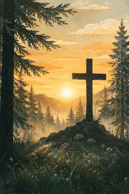 Wooden Cross Sunrise Among Evergreen Pines