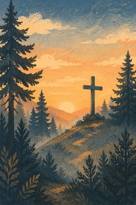 Wooden Cross Sunrise on Evergreen Ridge