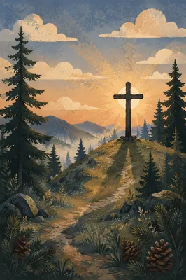 Wooden Cross Silhouette on Evergreen Sunrise Ridge