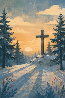 Wooden Cross Silhouette at Evergreen Sunrise