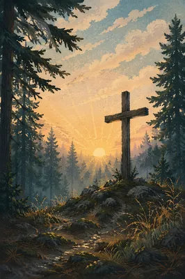 Wooden Cross at Evergreen Sunrise