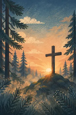 Wooden Cross at Evergreen Sunrise