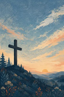 Wooden Cross Silhouette at Evergreen Sunrise