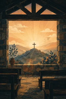 Wooden Cross Silhouette at Mountain Sunrise
