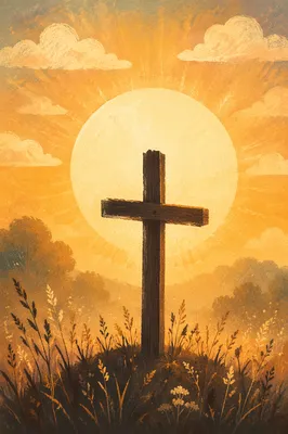 Wooden Cross Silhouette at Sunrise Meadow
