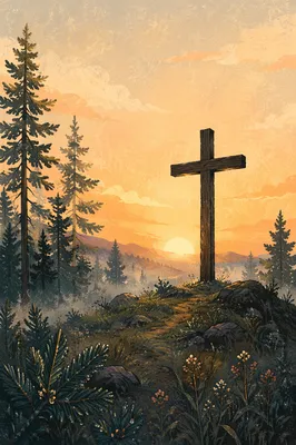 Wooden Cross at Evergreen Sunrise