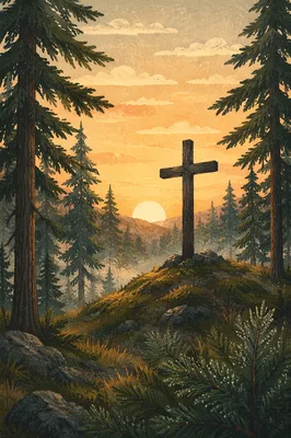 Wooden Cross Silhouette at Evergreen Sunrise
