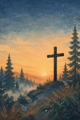 Wooden Cross Silhouette at Evergreen Sunrise