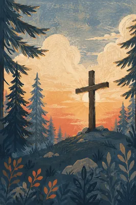 Wooden Cross at Evergreen Sunrise