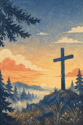 Wooden Cross at Evergreen Sunrise